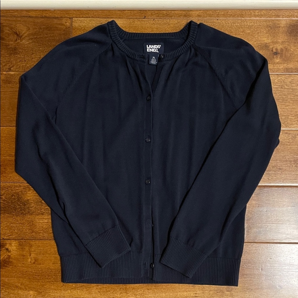 Lands' End Navy Crewneck Button Cardigan